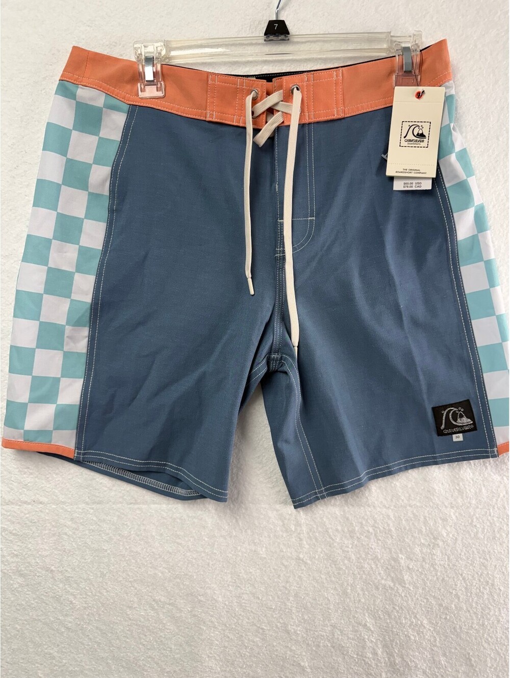 Quiksilver Men's Boardshorts Size 30 Blue with Orange and Checkerboard Side Accs